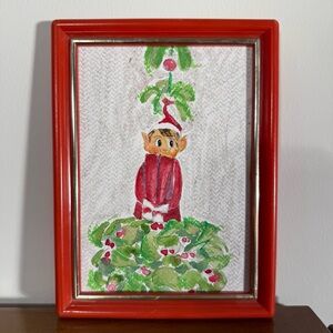 Retro Kitsch Elf on the‎ Shelf Watercolor Mixed Media Artwork Vintage Red Frame